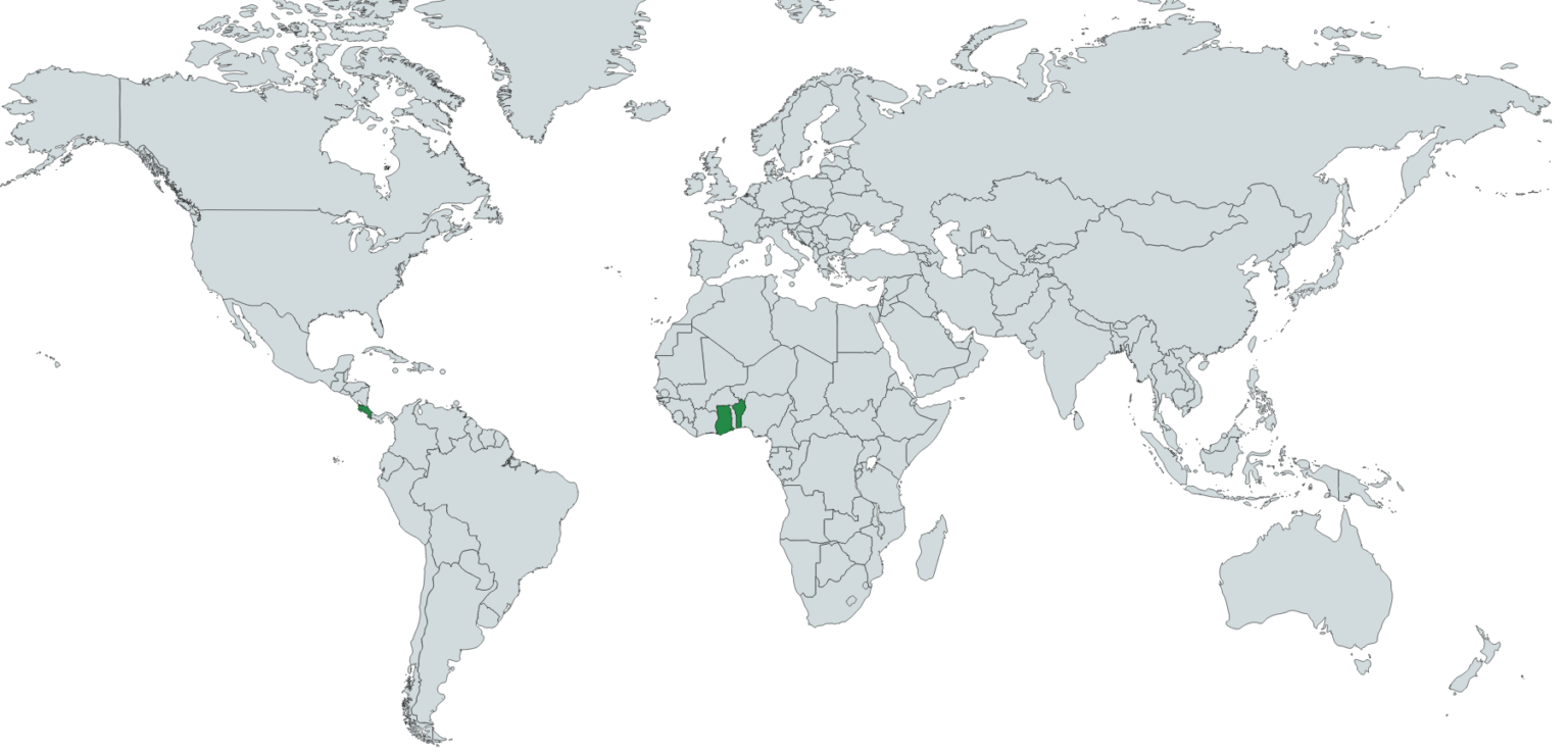 Carte des Origines de l'ananas. Ils viennent du Ghana et du Bénin.