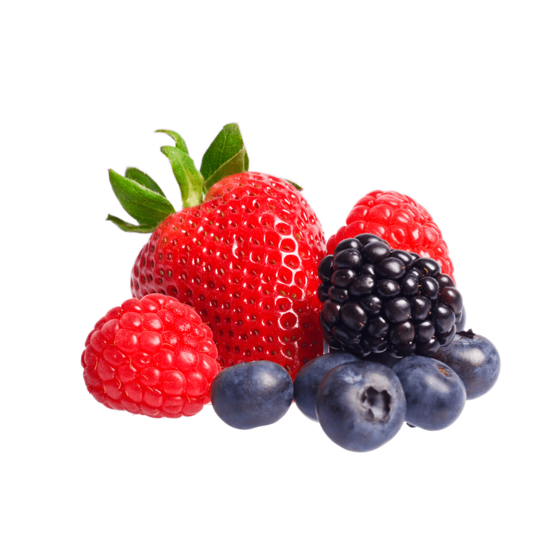 Nos Fruits Rouges : Fruits Rouges sur fond blanc. On peut y voir 1 Fraise, 2 Framboises, 1 Mûre et 5 Myrtilles. 