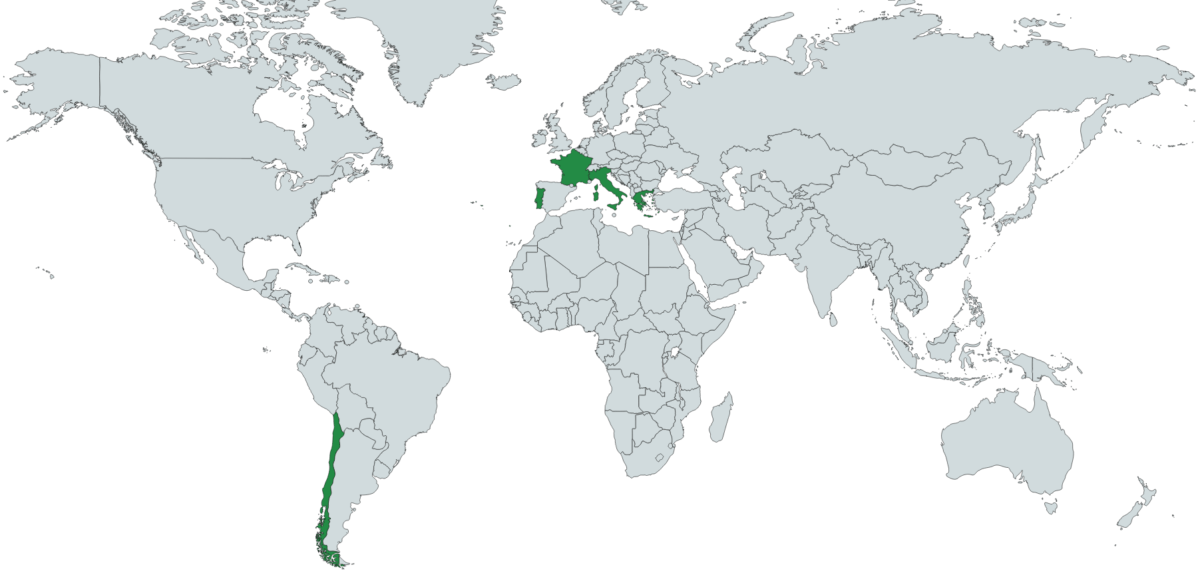 Carte des Origines du Kiwi. Il peut venir de France, d'Italie, du Chili ou encore de Grèce.