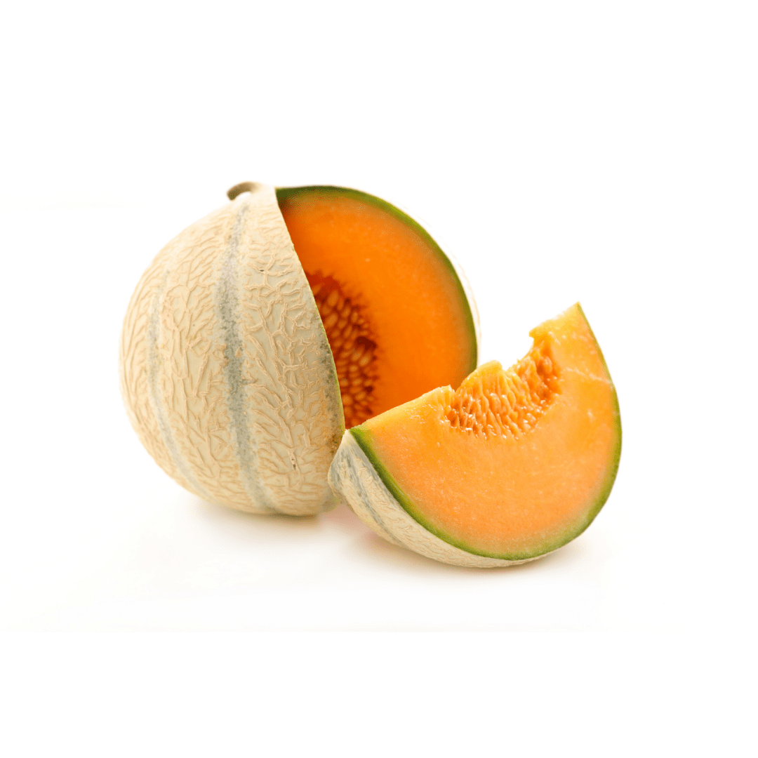 Nos Melons : Melon sur fond blanc. Une tranche en a été retirée. 