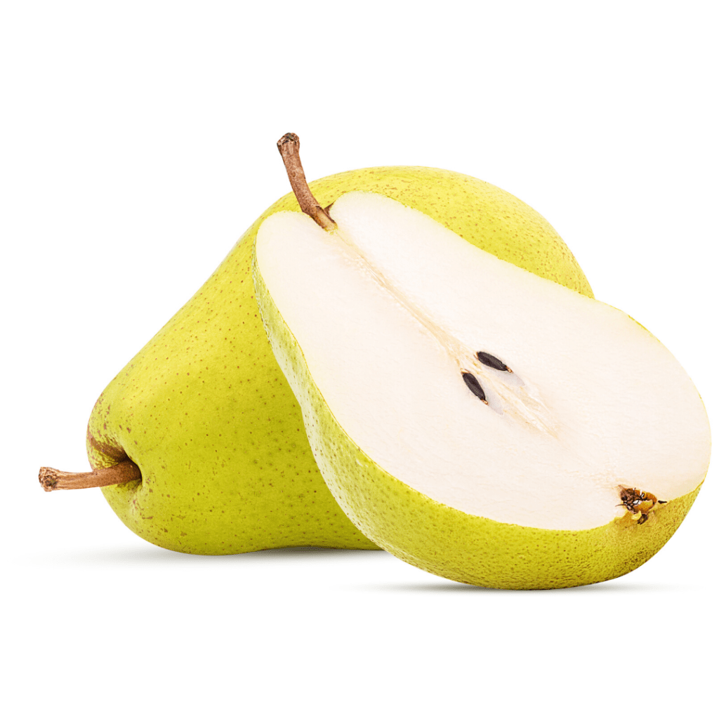 Nos Fruits : 2 Poires sur fond blanc. L'une d'entre elles est coupée en deux.