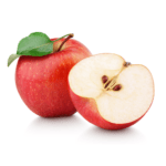 Nos Fruits : 2 Pommes sur fond blanc. L'une d'entre elles est coupée en deux.