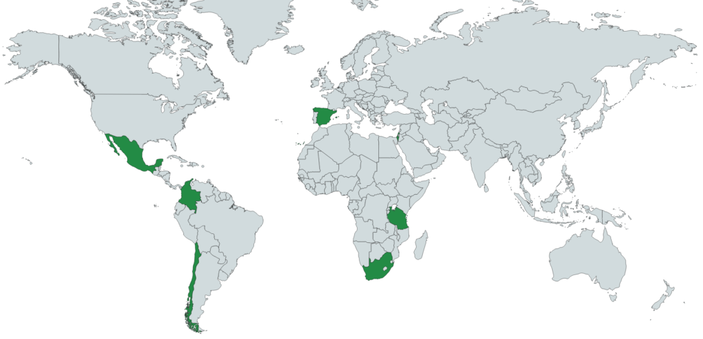 Carte des Origines de l'Avocat. Il peut venir d'Espagne, du Mexique, de Colombie, du Chili, d'Afrique du Sud, ou encore de Tanzanie