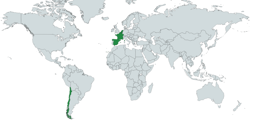 Carte des Origines de le Cerise. Elle vient de France, d'Espagne, de Belgique, des pays-Bas et du Chili