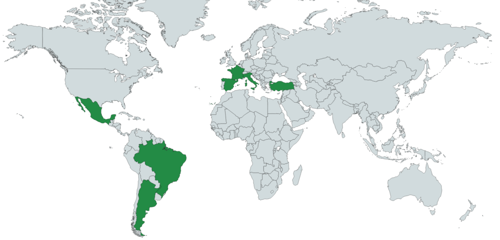 Carte des Origines de Citron. Il peut venir de France, d'Espagne, d'Italie, de Corse, du Brésil, du Mexique, d'Argentine ou encore de Turquie.