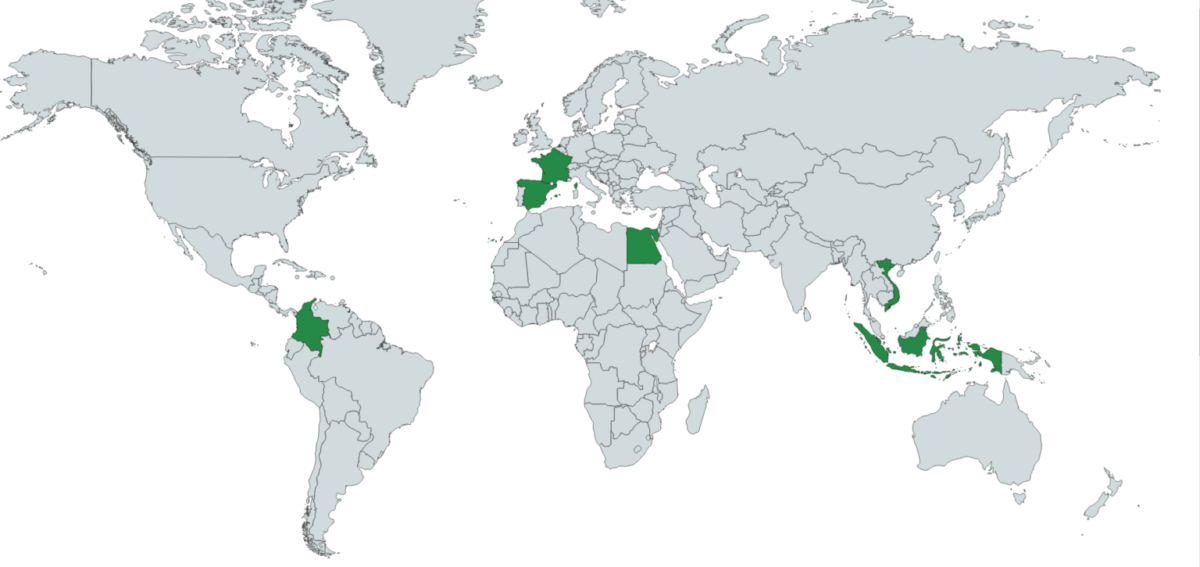 Carte des origines de la Grenade. Elle peut venir de France, d'Espagne, du Pérou, du Vietnam, d'Indonésie, ou encore d'Egypte.