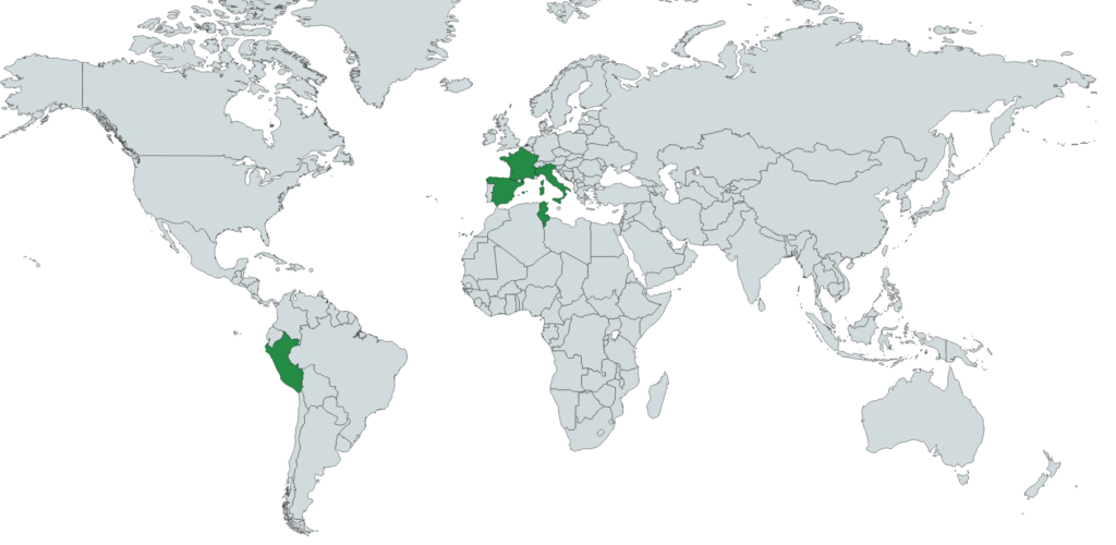Carte des Origines des Figues. Elles peuvent venir de France, d'Espagne, d'Italie, de Tunisie, ou encore du Pérou.