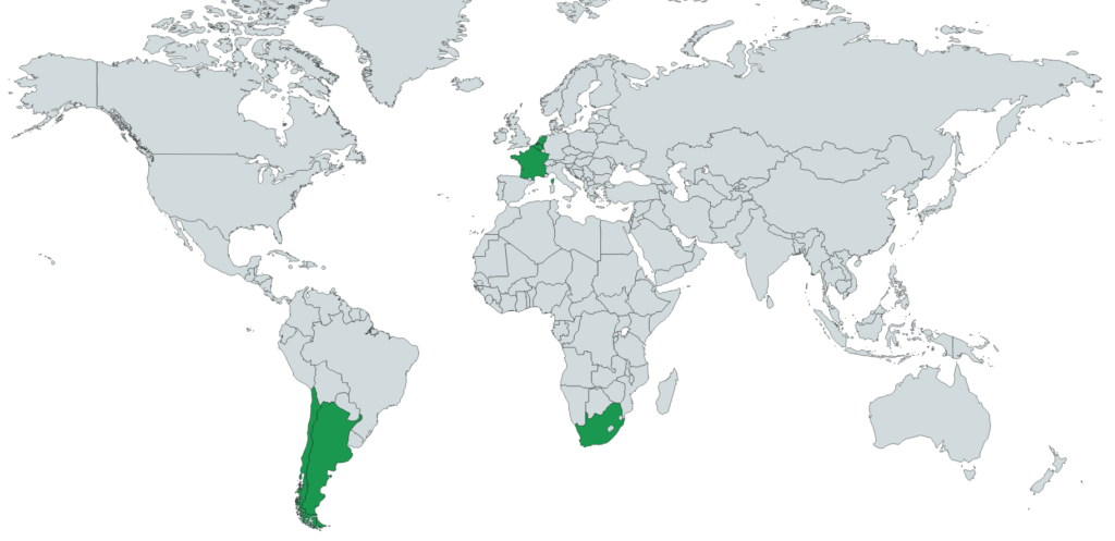 Carte des origines de la Poire. Elle peut venir de France, de Belgique, des Pays-Bas, d'Afrique du Sud, d'Argentine ou encore du Chili.