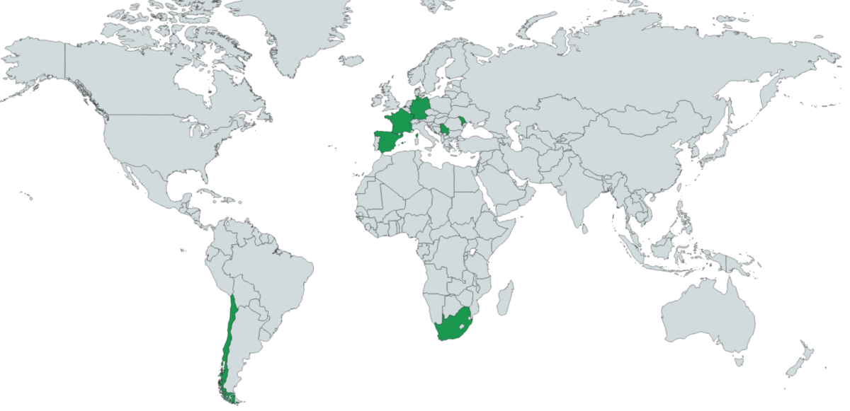 Carte des Origines de la Prune. Elle peut venir de France, d'Espagne, d'Allemagne, de Serbie, de Moldavie, du Chili ou encore d'Afrique du Sud.