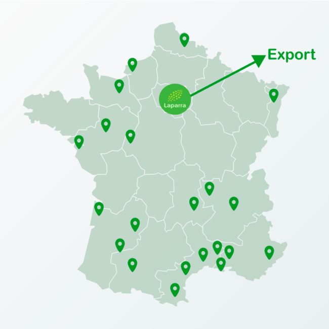 Carte de France présentant tous les points de distribution de Laparra. Laparra est placé sur Paris. Il y a également une flèche vers l'extérieur qui indique l'export.